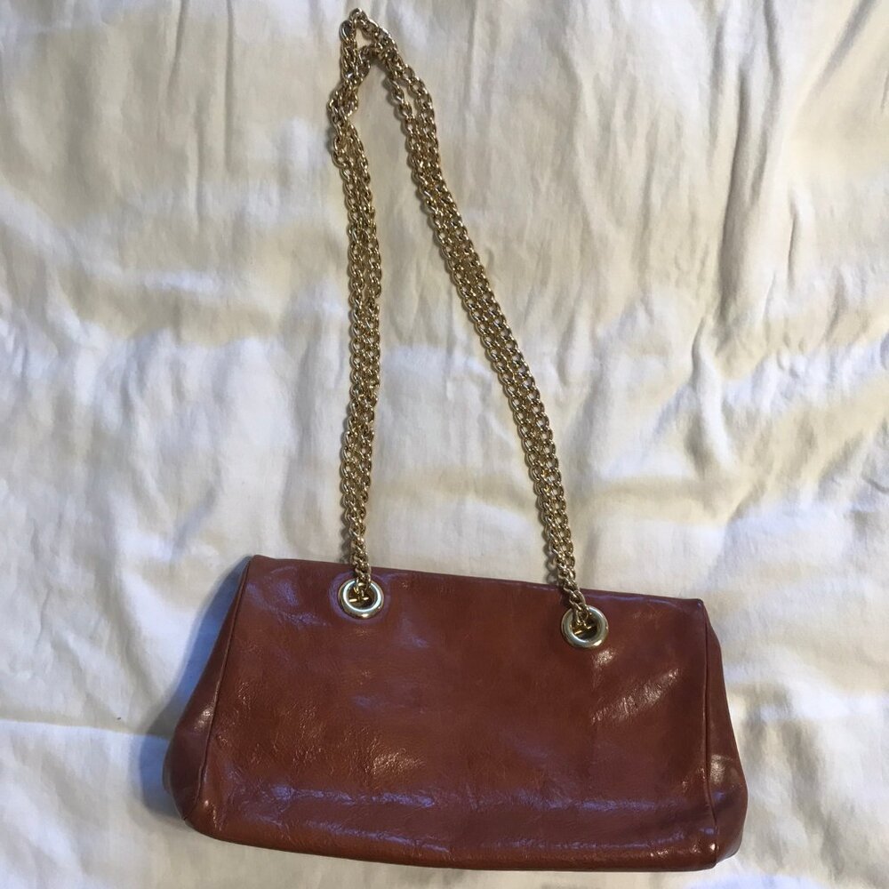VINTAGE FURLA BROWN LEATHER HANDBAG WITH GOLD CHAIN STRAP - ITALY